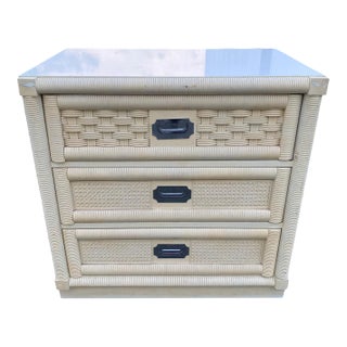 Creamy White Cane & Rattan Nightstand by Dixie Wicker Weve with 3 Drawers For Sale