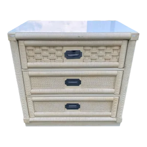 Creamy White Cane & Rattan Nightstand by Dixie Wicker Weve with 3 Drawers