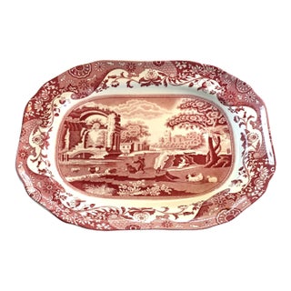 Vintage Spode Italian Red Cranberry Oval Rectangular Scalloped 14” Platter For Sale