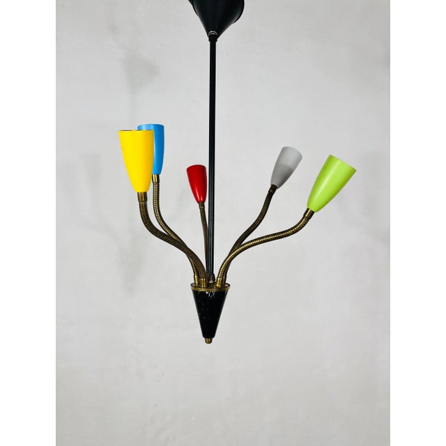 Colorful Mid-Century Brass 5-Arm Sputnik Chandelier, 1950s For Sale - Image 4 of 8