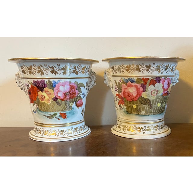 Early 19th Century Antique Early 19th Century English Porcelain Cachepot Flower Pots With Satyr Mask Handles Circa 1820 - A Pair For Sale - Image 5 of 18