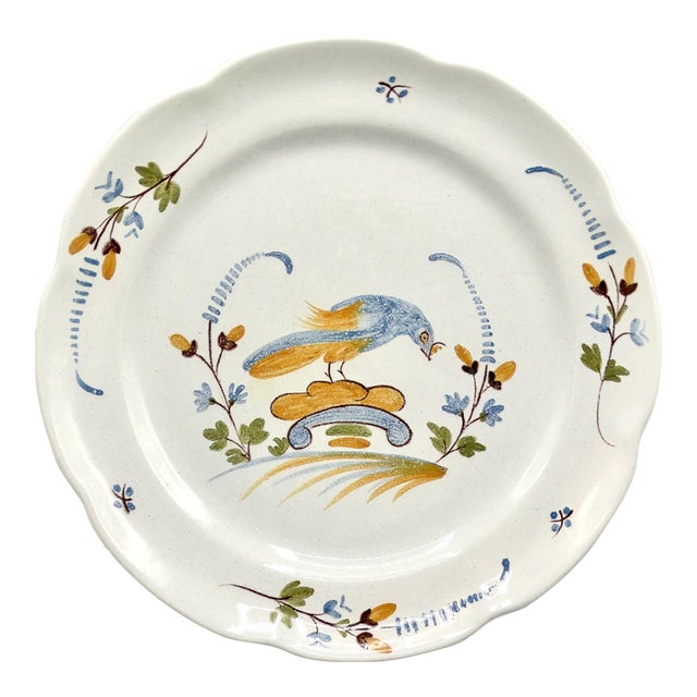 18th-Century French Country Nevers Polychrome Bird Plate For Sale