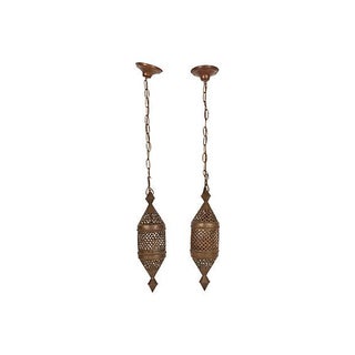 Vintage Hand Cut Brass Pendant Lights - A Pair For Sale