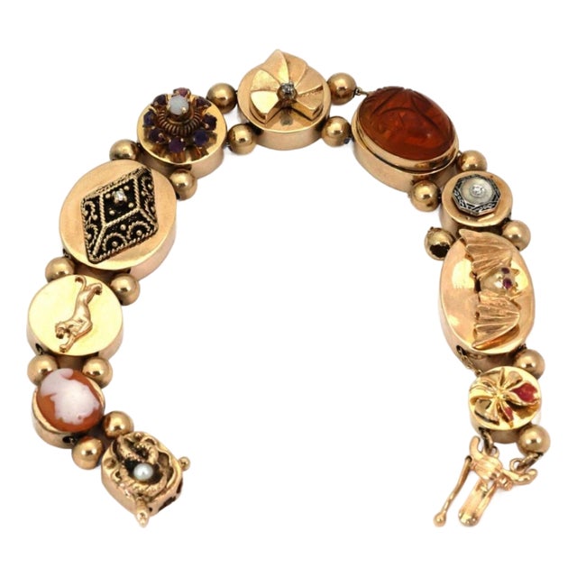 Mid 20th Century Diamond & Gems 10 Slide 14k Yellow Gold Charm Bracelet For Sale