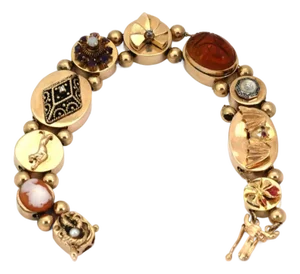 Mid 20th Century Diamond & Gems 10 Slide 14k Yellow Gold Charm Bracelet