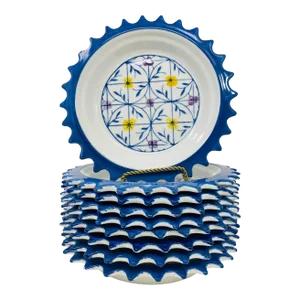 Vintage Scalloped Hand Painted Pottery Plates Blue and White Set of 9