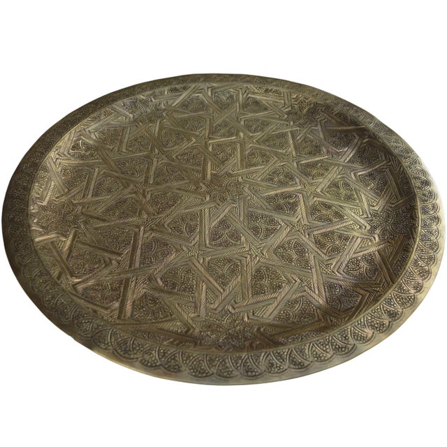 Metal Mid 20th Century Hand-Engraved Moorish Brass Tray For Sale - Image 7 of 11