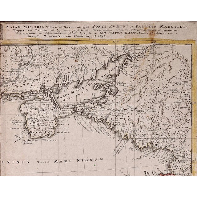 Traditional Black Sea, Turkey and Asia Minor: Hand-Colored 18th Century Homann Map For Sale - Image 3 of 5