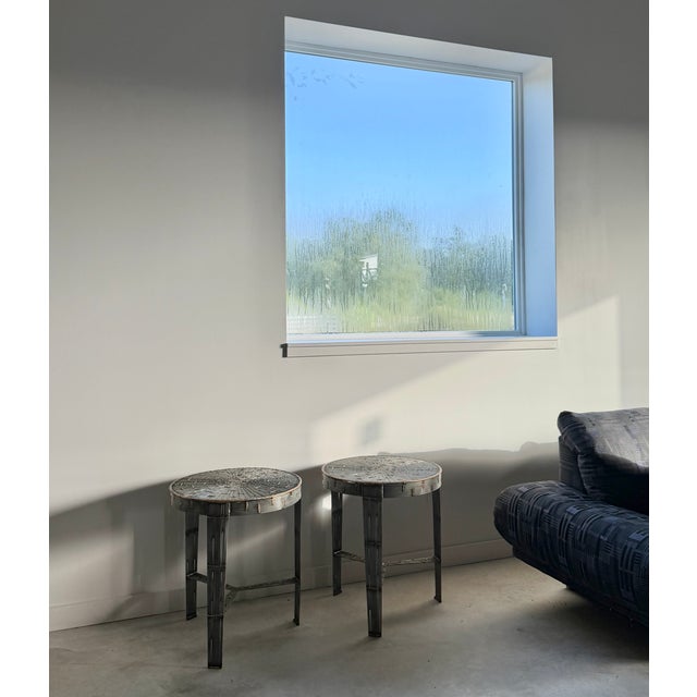 Round Pair of Hand-Welded Steel Rod Brutalist Tables, Set of Two, Tripod Legs For Sale - Image 16 of 17