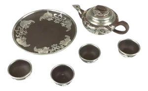 Vintage Chinese Yixing Zisha Teapot Set with Silver Tone Overlay - 6 Pieces