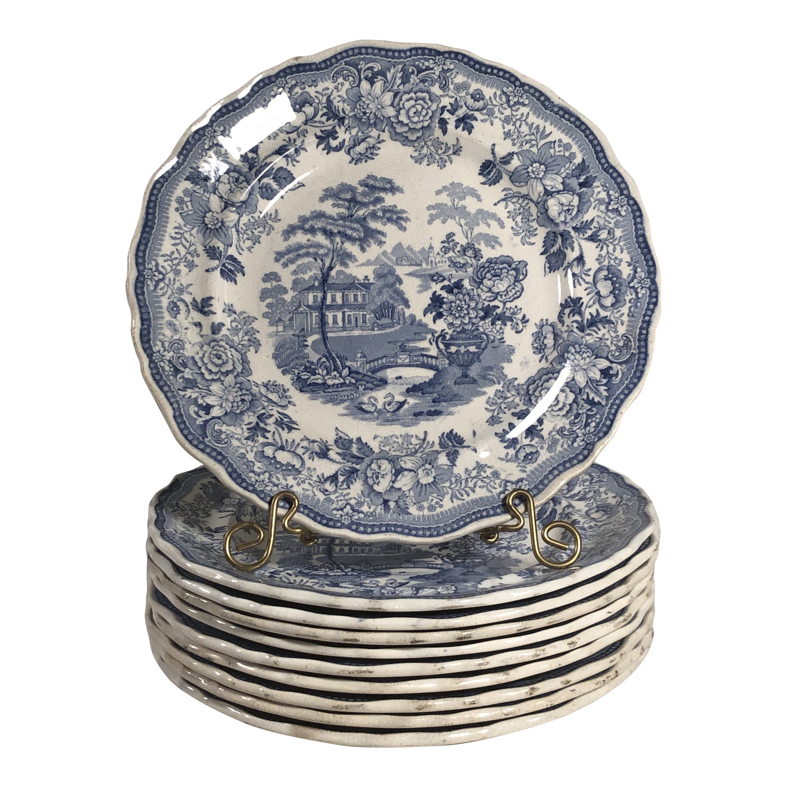 Antique Transferware Staffordshire Blue and White Plates Set of 10