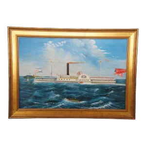 Mid 19th Century American Steamboat Reindeer Portrait After James Bard Oil Painting Lake Chaplain