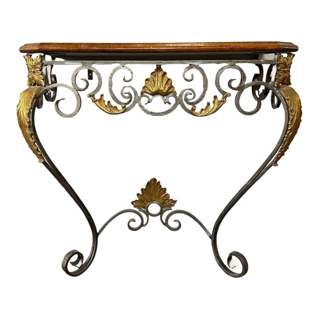 1940s Heavy Wrought Iron Scrollwork Pier Table With Wood and Tooled Leather Top and Brass Acanthus Leaf Decoration For Sale
