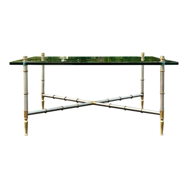 Faux Bamboo Nickel and Brass Glass Top Coffee Table For Sale
