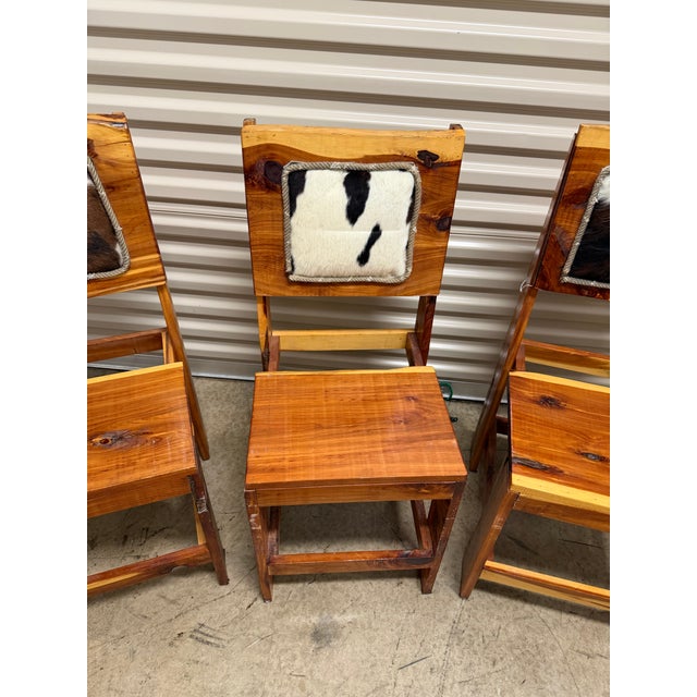 Rustic Vintage Rustic Wood Dining Chairs With Genuine Upholstery Cow Hide Set of 4 For Sale - Image 3 of 6