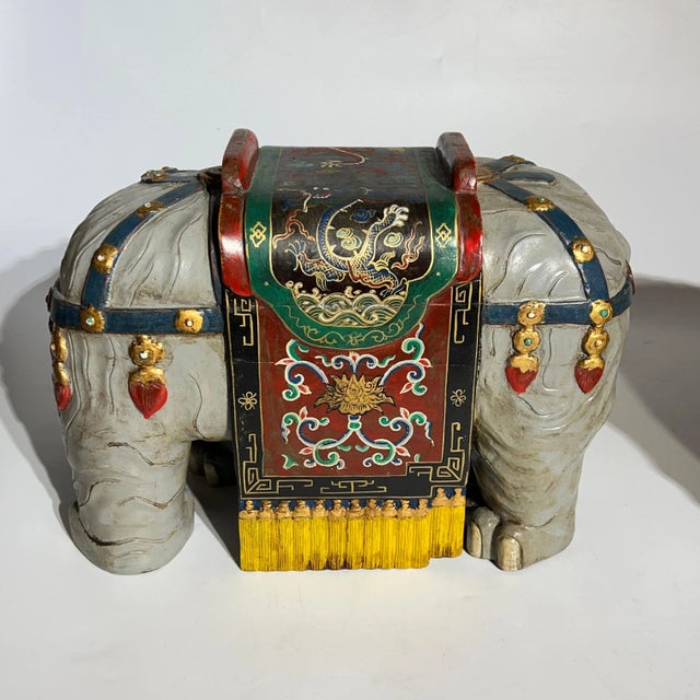 1950s Vintage Oriental Polychrome Wooden Elephant Figures - A Pair For Sale - Image 5 of 12