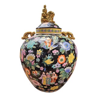 Large Chinese Hand-Painted Mille Fleur Famille Noir Porcelain Ginger Jar For Sale