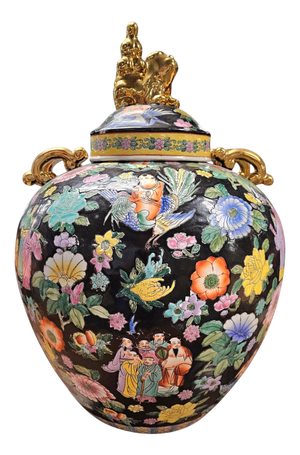 Large Chinese Hand-Painted Mille Fleur Famille Noir Porcelain Ginger Jar