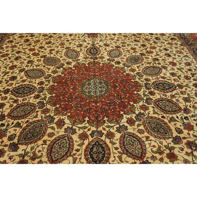 1940s Beige Swastika Medallion Antique Tabriz Handknotted Wool Gallery Rug For Sale In New York - Image 6 of 7
