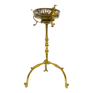 Victorian Era Brass Kettle Floor Stand With Burner For Sale