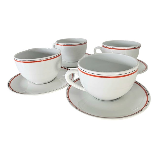 French Porcelaine d'Auteuil Bistrot Rust Orange Oversized Cups & Saucers, Set of 4 For Sale