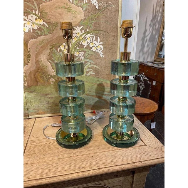 Modern Murano Fontina Green Colored Disc Form Lamps For Sale - Image 3 of 9