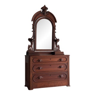 Antique Mid-19th Century Walnut Dresser With Arched Mirror & Hidden Drawer For Sale