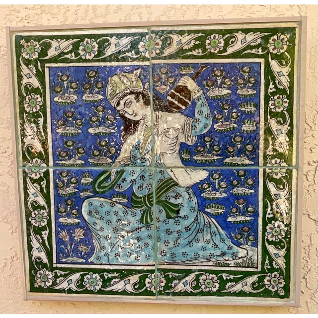 Persian Exquisite Hand-Painted Persian Ceramic Tile Art -Framed Wall Hanging For Sale - Image 3 of 17