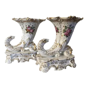 1830 Antique French Empire Porcelain Rhyton Eagle Head & Cornucopia Mantel Vases - A Pair
