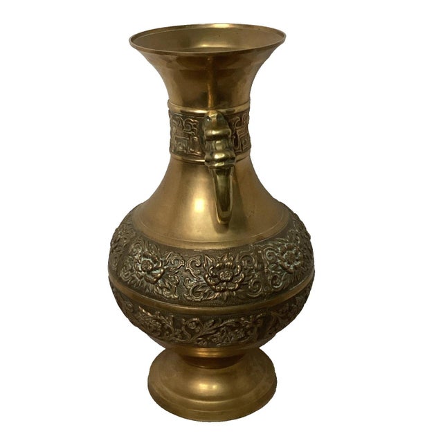Vintage 1960s Large 15" Solid Brass Urn Vase With Elephant Handles and Carved Flower Detail For Sale - Image 4 of 6