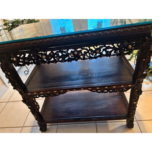 Antique Chinese Black Lacquer & Mother-of-Pearl Marble Top Tiered Table Late 19th Century | Qing Dynasty Influence For Sale - Image 9 of 12