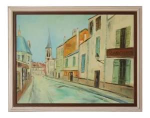 Mid 20th Century French Village Street Scene Painting, Framed