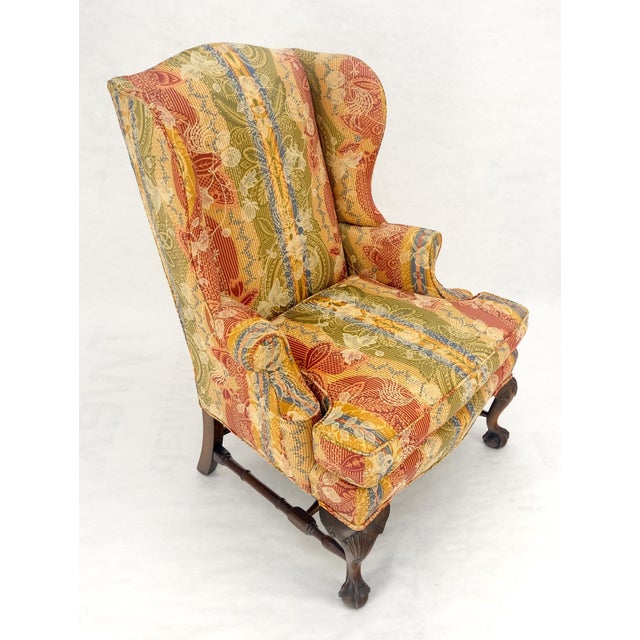 Large Fancy Floral Pattern Uphlstry Fine Carved Ball & Claw Feet Wing Chair MINT For Sale - Image 13 of 13