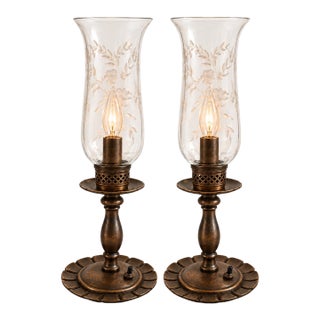 Vintage Etched-Glass Hurricane Lamps in Aged Antique Bronze - a Pair For Sale