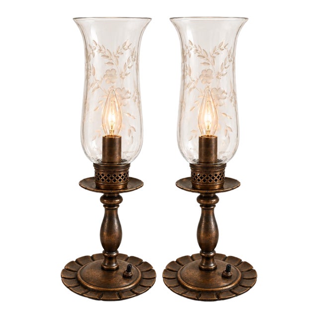 Vintage Etched-Glass Hurricane Lamps in Aged Antique Bronze - a Pair For Sale