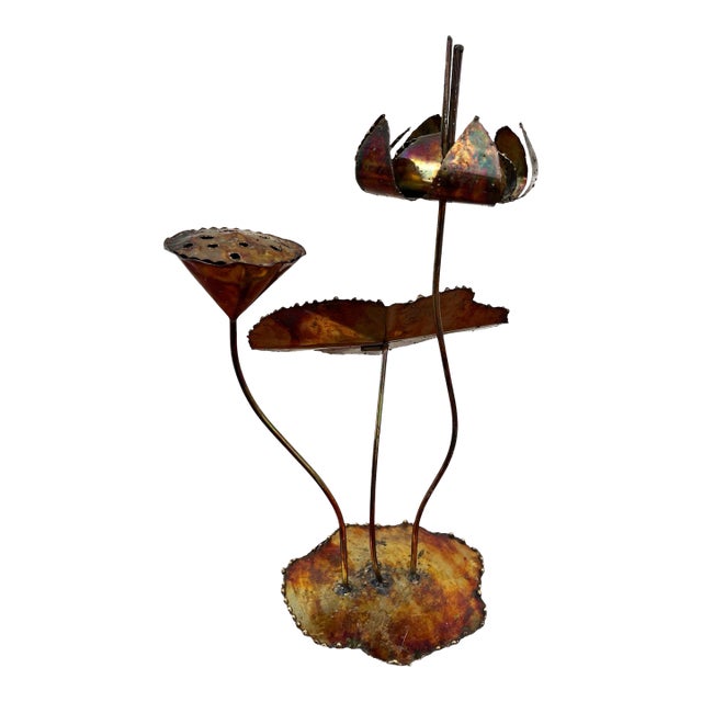 Vintage Brutalist Welded Metal Lotus Flower Sculpture Iridescent Torch Patina Lily Pad Art 18” For Sale