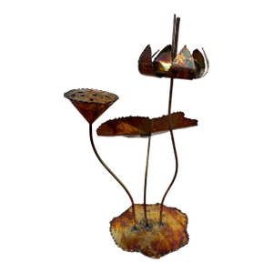 Vintage Brutalist Welded Metal Lotus Flower Sculpture Iridescent Torch Patina Lily Pad Art 18”