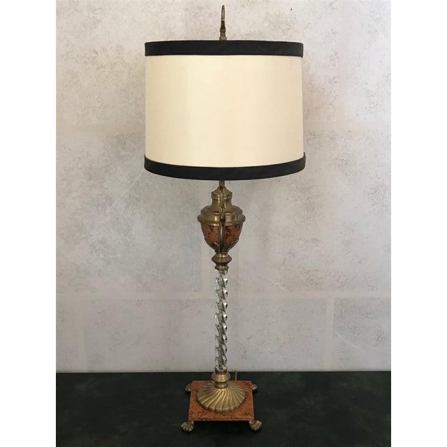 John Richards Twisted Lucite and Faux Burled Walnut Footed Brass Lamp