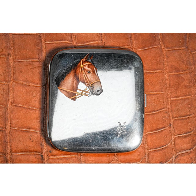Art Deco Majestic Hand Painted Antique 900 Sterling Silver Horse Equestrian Enamel Cigarette Case Tobacciana For Sale - Image 3 of 16