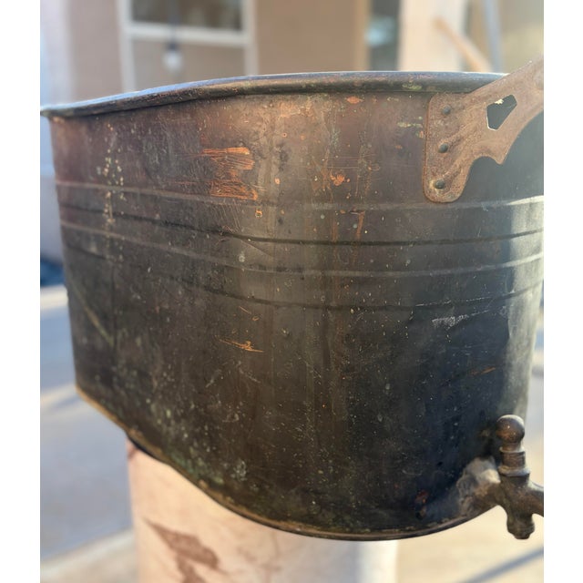 Copper Large Revere Copper Antique French Boiler Wash Tub, Basin, Cook Pot, Firewood Vessel With Lid For Sale - Image 8 of 12