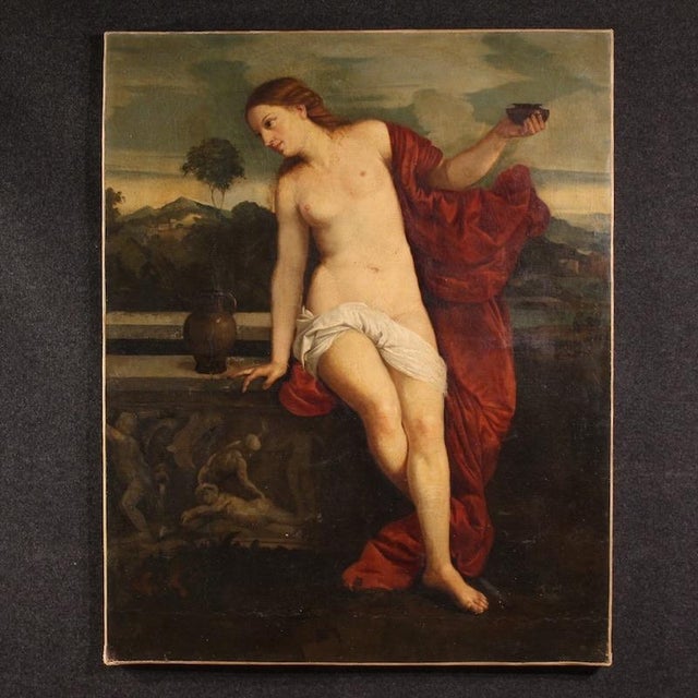 Antique Italian painting from the first half of the 19th century. This oil on canvas artwork represents a fragment of...