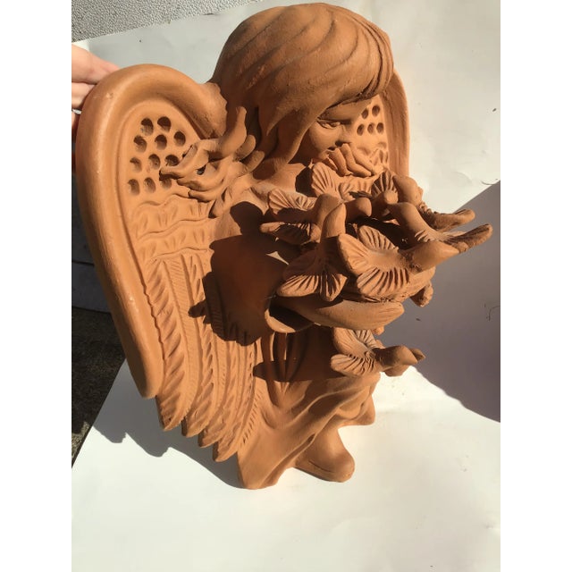 Mexico Terracotta Girl Angel holding A Nest of Birds Also Birds on her knee Wall Sculpture Large size Very Heavy Parents...