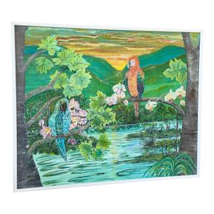 Monumental Tropical Realism Sunset Landscape Framed Painting With Parrots and Orchids – Signed