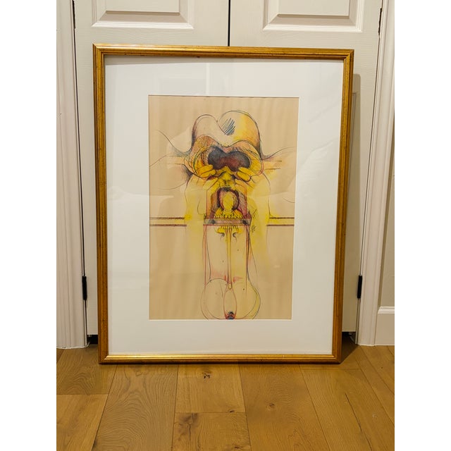 Figurative Large Signed 1970 Surrealist Mixed Media Drawing on Paper, Framed Modern Figurative Artwork For Sale - Image 3 of 9