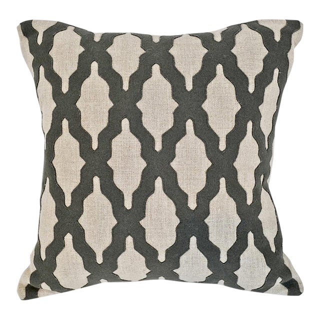 Marrakech Grey Embroidered Linen Pillow For Sale