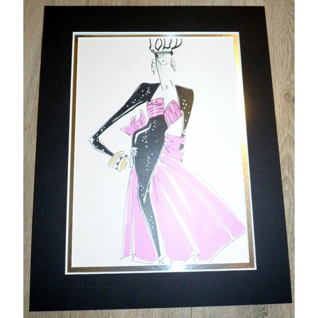 Illustration Vintage 1990s Paris Fashion Stat Matted- Avant-Garde Plaid Couture Study Attributed to Ungaro For Sale - Image 3 of 3