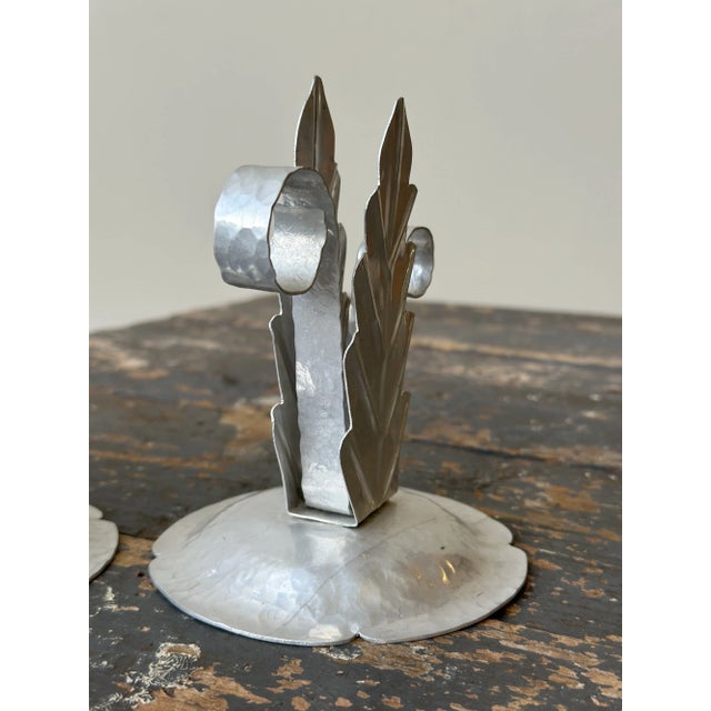 Vintage Handmade Hammered Aluminum Leaf Motif Candleholders, a Pair, Circa 1940s For Sale - Image 11 of 12