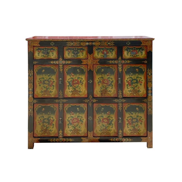 2020s Chinese Tibetan Orange Yellow Flower Graphic Storage Cabinet For Sale - Image 5 of 7
