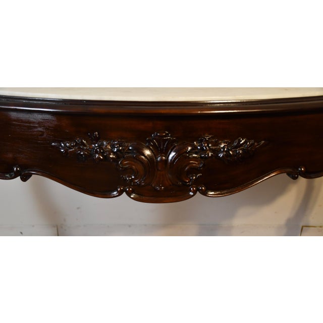 1880s Antique French Louis XV Hand Carved Walnut & Marble Top Console Sofa Table For Sale - Image 6 of 18