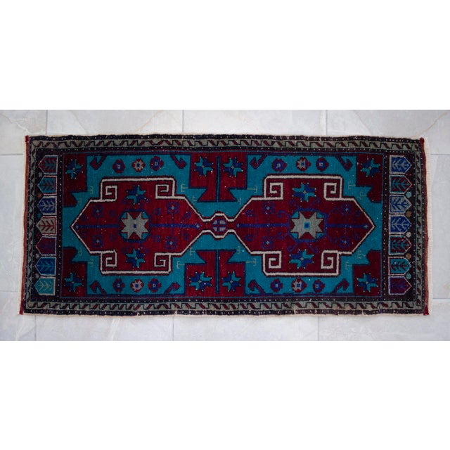 Hand Knotted Oushak Rug Low Pile Faded Entryway Mat Small Rug Yastik - 20'' X 44'' For Sale - Image 11 of 13